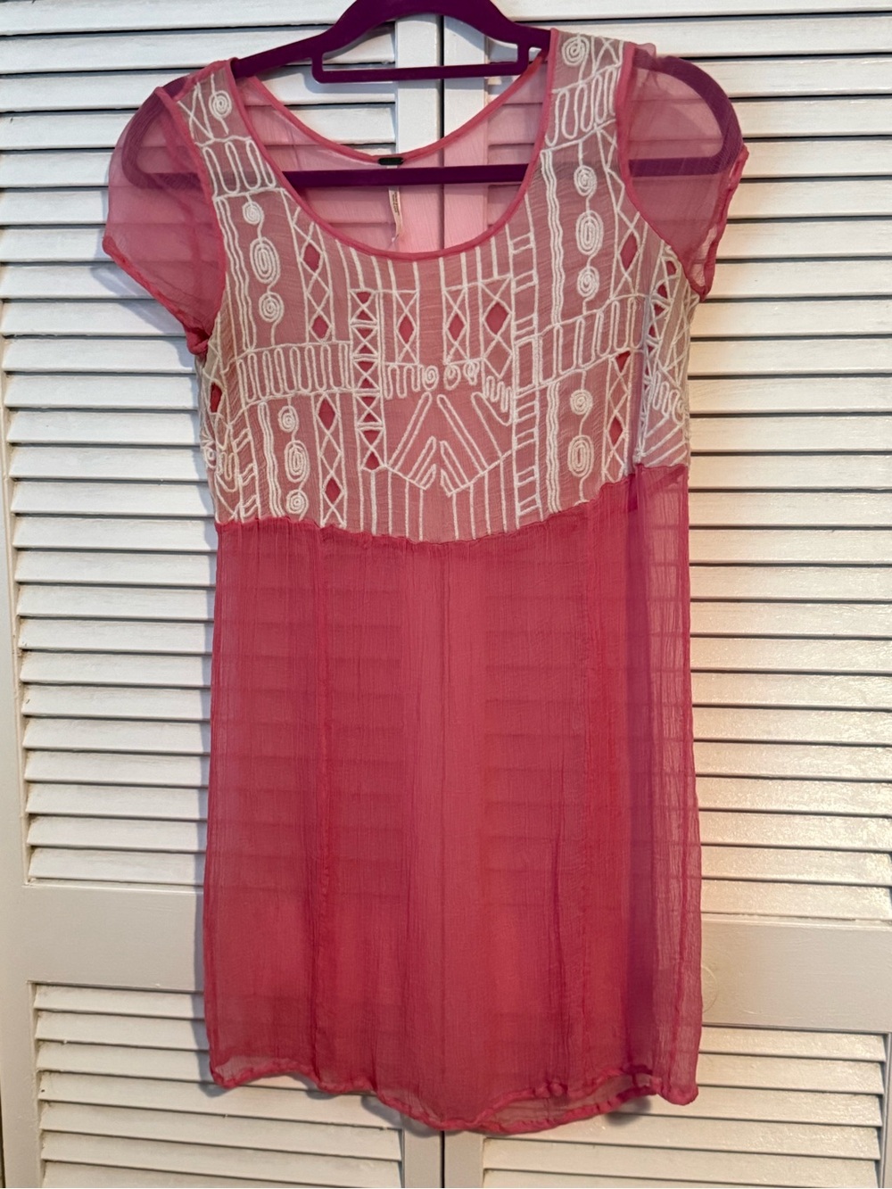 Free People Pink Chiffon Mini Dress with White Embroidery